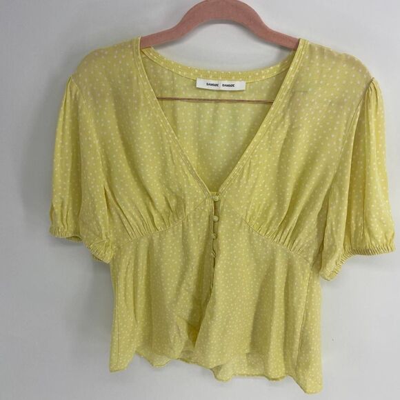 Samsoe Samsoe Petunia Yellow Polka Dotted Buttoned Short Sleeve Blouse Womens L - Picture 7 of 7
